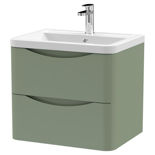 Nuie Lunar Satin Green 600mm 2 Drawer Wall Hung Vanity Unit and Ceramic Basin with 1 Tap Hole - LUN802A