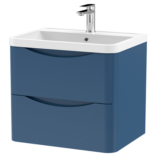 Nuie Lunar Satin Blue 600mm 2 Drawer Wall Hung Vanity Unit and Polymarble Basin with 1 Tap Hole - LUN302