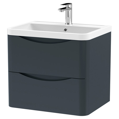 Nuie Lunar Soft Black 600mm 2 Drawer Wall Hung Vanity Unit and Polymarble Basin with 1 Tap Hole - LUN1402