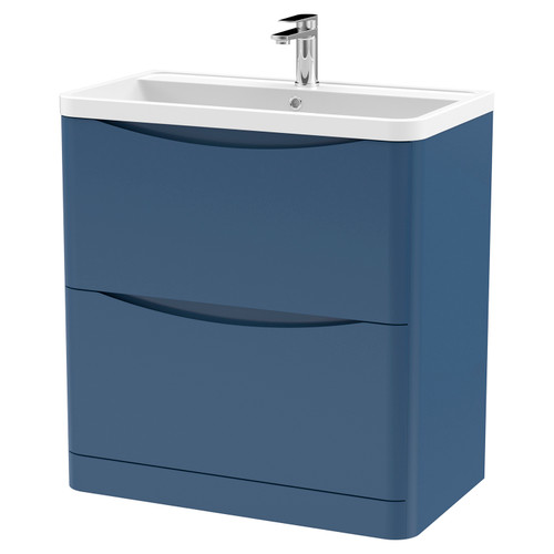 Nuie Lunar Satin Blue 800mm 2 Drawer Floor Standing Vanity Unit and Polymarble Basin with 1 Tap Hole - LUN303