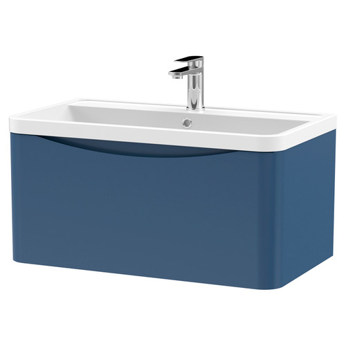 Nuie Lunar Satin Blue 800mm Single Drawer Wall Hung Vanity Unit and Polymarble Basin with 1 Tap Hole - LUN306
