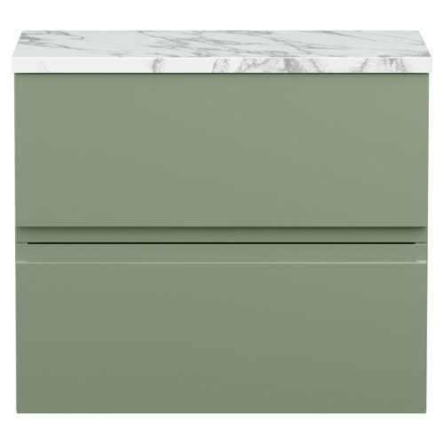 Hudson Reed Urban Satin Green 600mm Wall Hung 2 Drawer Vanity Unit with Matt Carrera Marble Laminate Worktop - URB804LCM
