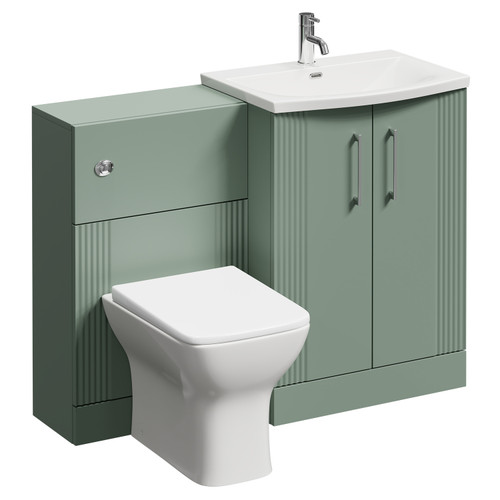 Avant Satin Green 1100mm Floor Standing Vanity Unit Toilet Suite with Curved 1 Tap Hole Basin and 2 Doors with Polished Chrome Handles Left Hand View