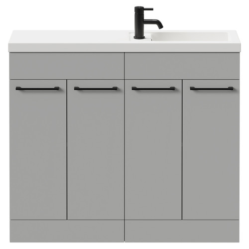 Napoli Combination Gloss Grey Pearl 1000mm Floor Standing Vanity Unit with Slimline 1 Tap Hole Basin and 4 Doors with Matt Black Handles Front View