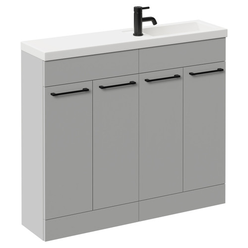 Napoli Combination Gloss Grey Pearl 1000mm Floor Standing Vanity Unit with Slimline 1 Tap Hole Basin and 4 Doors with Matt Black Handles Left Hand View