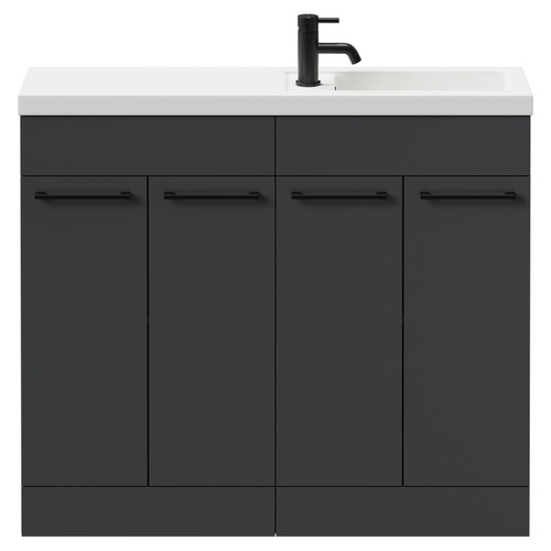 Napoli Combination Gloss Grey 1000mm Floor Standing Vanity Unit with Slimline 1 Tap Hole Basin and 4 Doors with Matt Black Handles Front View