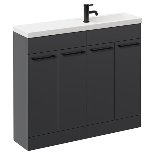 Napoli Combination Gloss Grey 1000mm Floor Standing Vanity Unit with Slimline 1 Tap Hole Basin and 4 Doors with Matt Black Handles Left Hand View