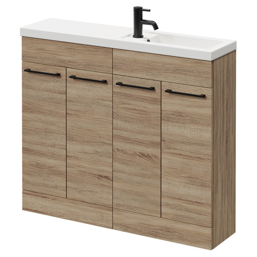 Napoli Combination Bordalino Oak 1000mm Floor Standing Vanity Unit with Slimline 1 Tap Hole Basin and 4 Doors with Matt Black Handles Right Hand View