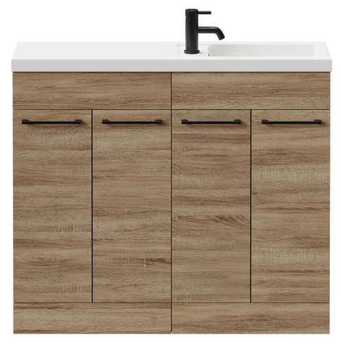 Napoli Combination Bordalino Oak 1000mm Floor Standing Vanity Unit with Slimline 1 Tap Hole Basin and 4 Doors with Matt Black Handles Front View