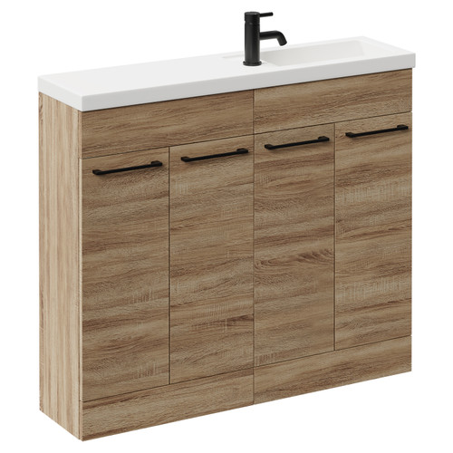 Napoli Combination Bordalino Oak 1000mm Floor Standing Vanity Unit with Slimline 1 Tap Hole Basin and 4 Doors with Matt Black Handles Left Hand View