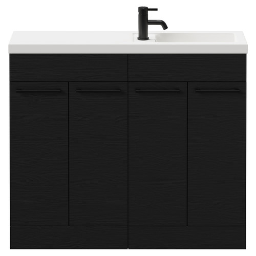 Napoli Combination Nero Oak 1000mm Floor Standing Vanity Unit with Slimline 1 Tap Hole Basin and 4 Doors with Matt Black Handles Front View