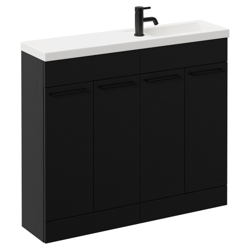 Napoli Combination Nero Oak 1000mm Floor Standing Vanity Unit with Slimline 1 Tap Hole Basin and 4 Doors with Matt Black Handles Left Hand View
