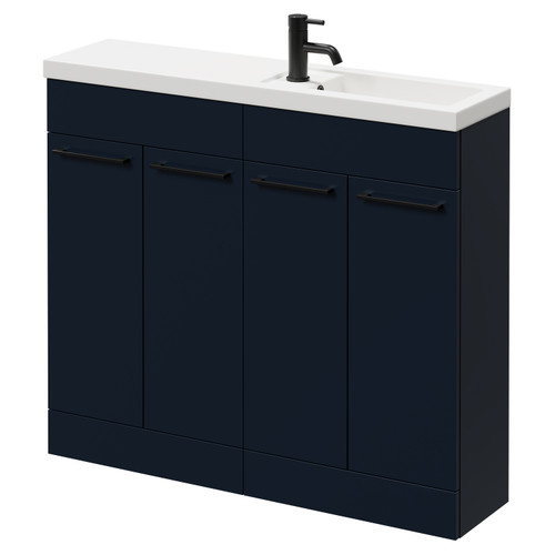 Napoli Combination Deep Blue 1000mm Floor Standing Vanity Unit with Slimline 1 Tap Hole Basin and 4 Doors with Matt Black Handles Right Hand View