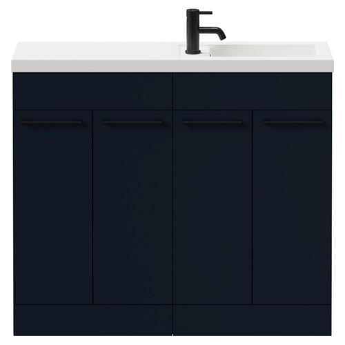 Napoli Combination Deep Blue 1000mm Floor Standing Vanity Unit with Slimline 1 Tap Hole Basin and 4 Doors with Matt Black Handles Front View