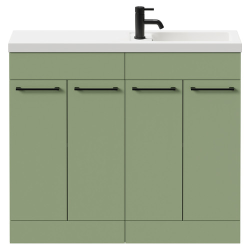 Napoli Combination Olive Green 1000mm Floor Standing Vanity Unit with Slimline 1 Tap Hole Basin and 4 Doors with Matt Black Handles Front View