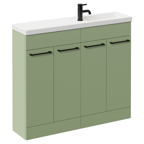 Napoli Combination Olive Green 1000mm Floor Standing Vanity Unit with Slimline 1 Tap Hole Basin and 4 Doors with Matt Black Handles Left Hand View