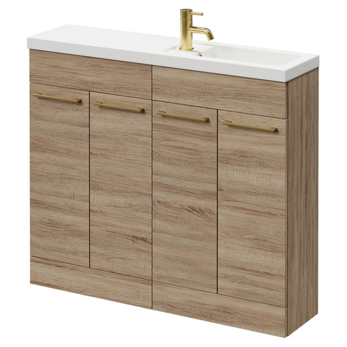 Napoli Combination Bordalino Oak 1000mm Floor Standing Vanity Unit with Slimline 1 Tap Hole Basin and 4 Doors with Brushed Brass Handles Right Hand View