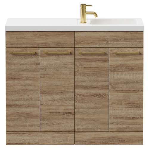 Napoli Combination Bordalino Oak 1000mm Floor Standing Vanity Unit with Slimline 1 Tap Hole Basin and 4 Doors with Brushed Brass Handles Front View