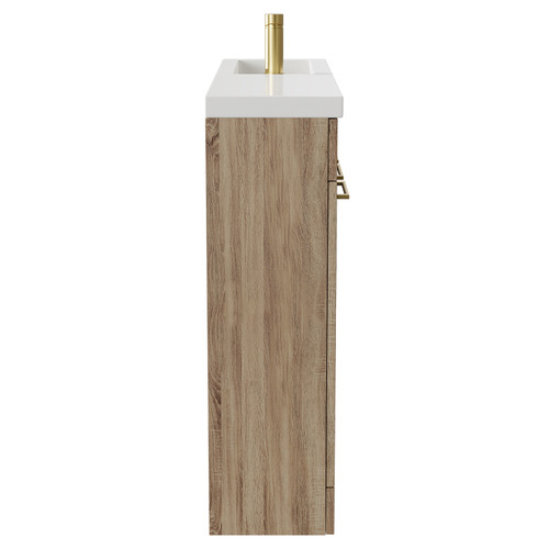 Napoli Combination Bordalino Oak 1000mm Floor Standing Vanity Unit with Slimline 1 Tap Hole Basin and 4 Doors with Brushed Brass Handles Side View
