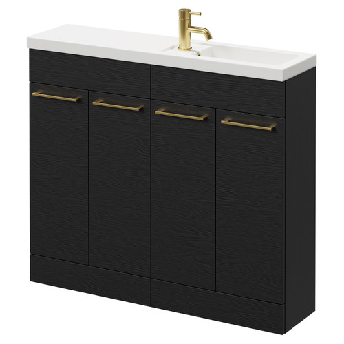 Napoli Combination Nero Oak 1000mm Floor Standing Vanity Unit with Slimline 1 Tap Hole Basin and 4 Doors with Brushed Brass Handles Right Hand View