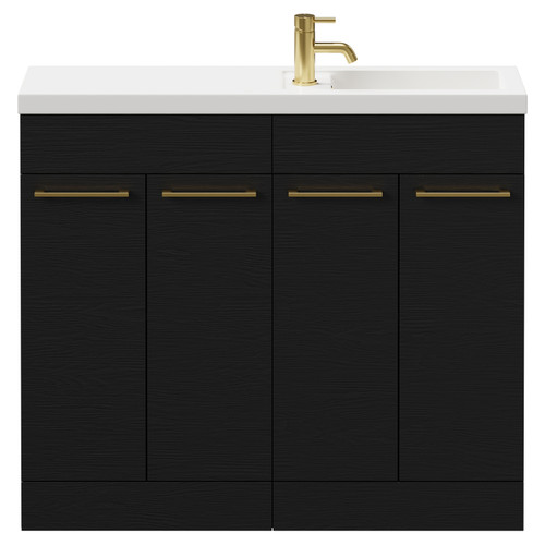 Napoli Combination Nero Oak 1000mm Floor Standing Vanity Unit with Slimline 1 Tap Hole Basin and 4 Doors with Brushed Brass Handles Front View