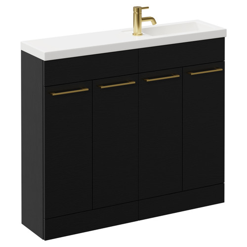 Napoli Combination Nero Oak 1000mm Floor Standing Vanity Unit with Slimline 1 Tap Hole Basin and 4 Doors with Brushed Brass Handles Left Hand View