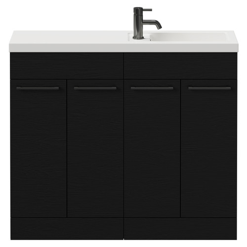 Napoli Combination Nero Oak 1000mm Floor Standing Vanity Unit with Slimline 1 Tap Hole Basin and 4 Doors with Gunmetal Grey Handles Front View