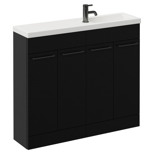 Napoli Combination Nero Oak 1000mm Floor Standing Vanity Unit with Slimline 1 Tap Hole Basin and 4 Doors with Gunmetal Grey Handles Left Hand View