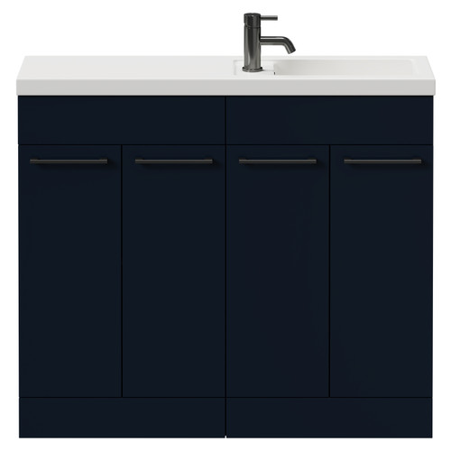 Napoli Combination Deep Blue 1000mm Floor Standing Vanity Unit with Slimline 1 Tap Hole Basin and 4 Doors with Gunmetal Grey Handles Front View