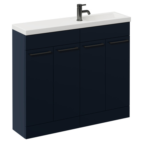 Napoli Combination Deep Blue 1000mm Floor Standing Vanity Unit with Slimline 1 Tap Hole Basin and 4 Doors with Gunmetal Grey Handles Left Hand View
