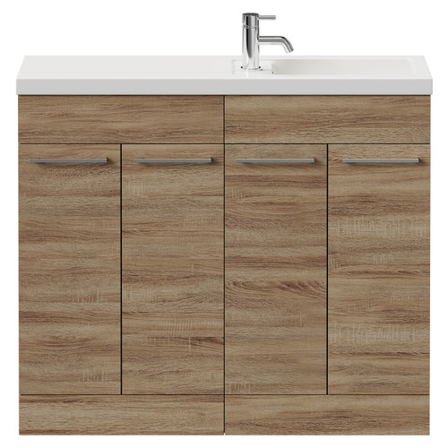 Napoli Combination Bordalino Oak 1000mm Floor Standing Vanity Unit with Slimline 1 Tap Hole Basin and 4 Doors with Chrome Handles Front View