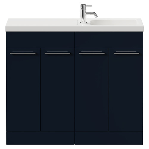 Napoli Combination Deep Blue 1000mm Floor Standing Vanity Unit with Slimline 1 Tap Hole Basin and 4 Doors with Chrome Handles Front View