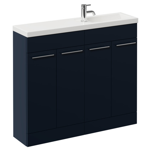 Napoli Combination Deep Blue 1000mm Floor Standing Vanity Unit with Slimline 1 Tap Hole Basin and 4 Doors with Chrome Handles Left Hand View