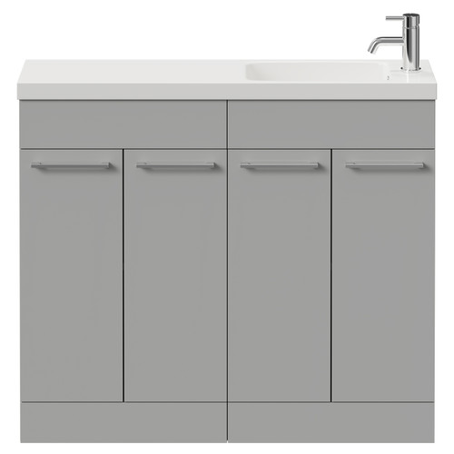 Napoli Combination Gloss Grey Pearl 1000mm Floor Standing Vanity Unit with Slimline 1 Tap Hole Round Basin and 4 Doors with Chrome Handles Front View