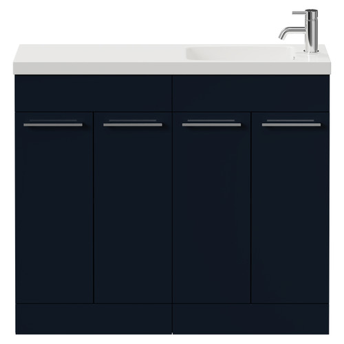 Napoli Combination Deep Blue 1000mm Floor Standing Vanity Unit with Slimline 1 Tap Hole Round Basin and 4 Doors with Chrome Handles Front View