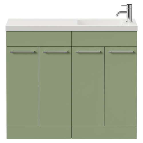 Napoli Combination Olive Green 1000mm Floor Standing Vanity Unit with Slimline 1 Tap Hole Round Basin and 4 Doors with Chrome Handles Front View