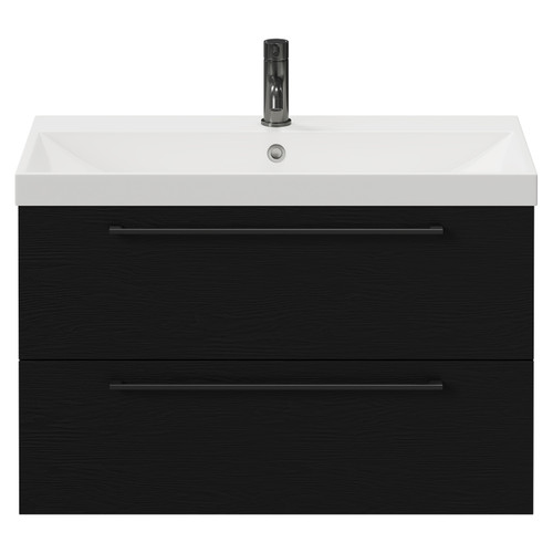 Napoli Nero Oak 800mm Wall Mounted Vanity Unit with 1 Tap Hole Slim Edge Basin and 2 Drawers with Gunmetal Grey Handles Front View