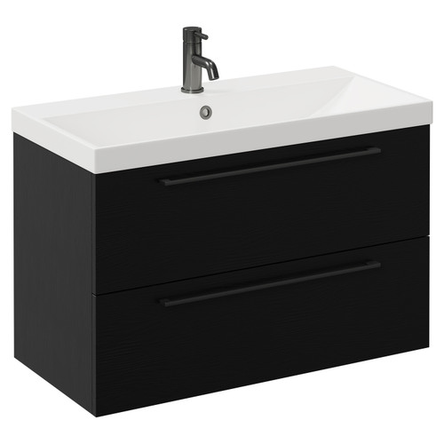 Napoli Nero Oak 800mm Wall Mounted Vanity Unit with 1 Tap Hole Slim Edge Basin and 2 Drawers with Gunmetal Grey Handles Left Hand View