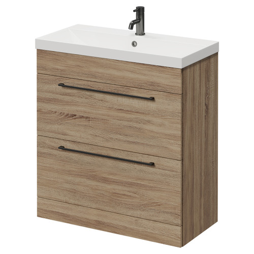 Napoli Bordalino Oak 800mm Floor Standing Vanity Unit with 1 Tap Hole Slim Edge Basin and 2 Drawers with Gunmetal Grey Handles Right Hand View