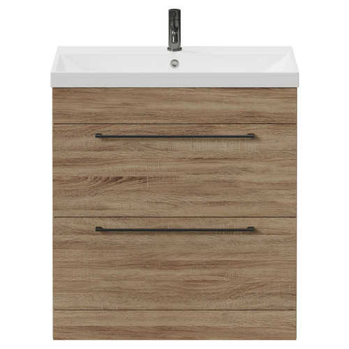 Napoli Bordalino Oak 800mm Floor Standing Vanity Unit with 1 Tap Hole Slim Edge Basin and 2 Drawers with Gunmetal Grey Handles Front View