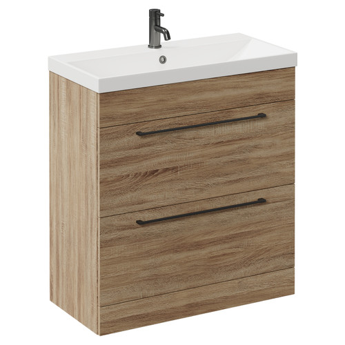 Napoli Bordalino Oak 800mm Floor Standing Vanity Unit with 1 Tap Hole Slim Edge Basin and 2 Drawers with Gunmetal Grey Handles Left Hand View