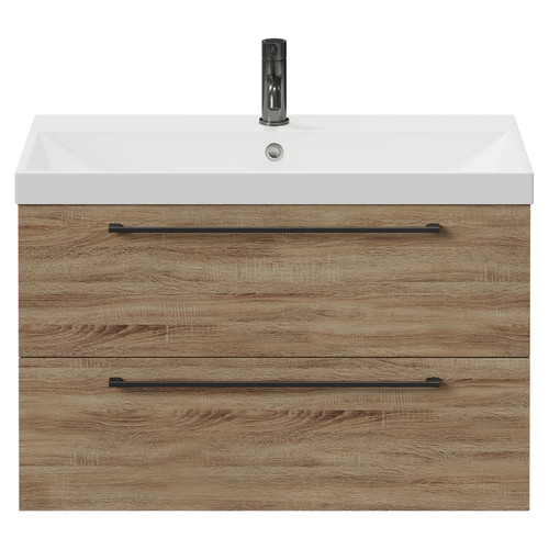 Napoli Bordalino Oak 800mm Wall Mounted Vanity Unit with 1 Tap Hole Slim Edge Basin and 2 Drawers with Gunmetal Grey Handles Front View
