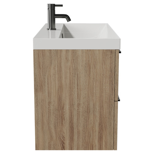 Napoli Bordalino Oak 800mm Wall Mounted Vanity Unit with 1 Tap Hole Slim Edge Basin and 2 Drawers with Gunmetal Grey Handles Side View