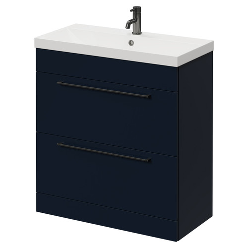 Napoli Deep Blue 800mm Floor Standing Vanity Unit with 1 Tap Hole Slim Edge Basin and 2 Drawers with Gunmetal Grey Handles Right Hand View