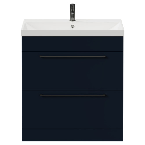 Napoli Deep Blue 800mm Floor Standing Vanity Unit with 1 Tap Hole Slim Edge Basin and 2 Drawers with Gunmetal Grey Handles Front View