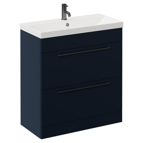 Napoli Deep Blue 800mm Floor Standing Vanity Unit with 1 Tap Hole Slim Edge Basin and 2 Drawers with Gunmetal Grey Handles Left Hand View