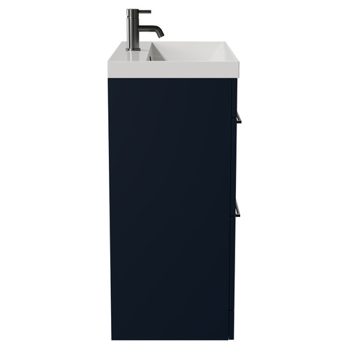 Napoli Deep Blue 800mm Floor Standing Vanity Unit with 1 Tap Hole Slim Edge Basin and 2 Drawers with Gunmetal Grey Handles Side View