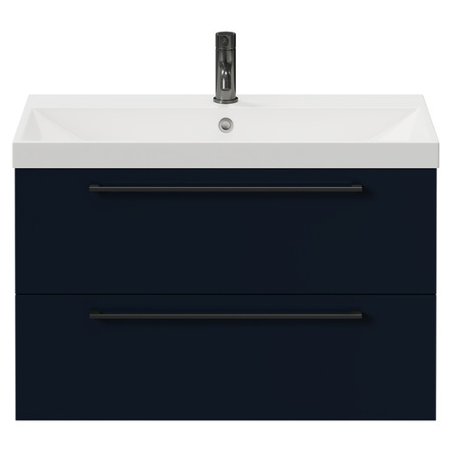 Napoli Deep Blue 800mm Wall Mounted Vanity Unit with 1 Tap Hole Slim Edge Basin and 2 Drawers with Gunmetal Grey Handles Front View