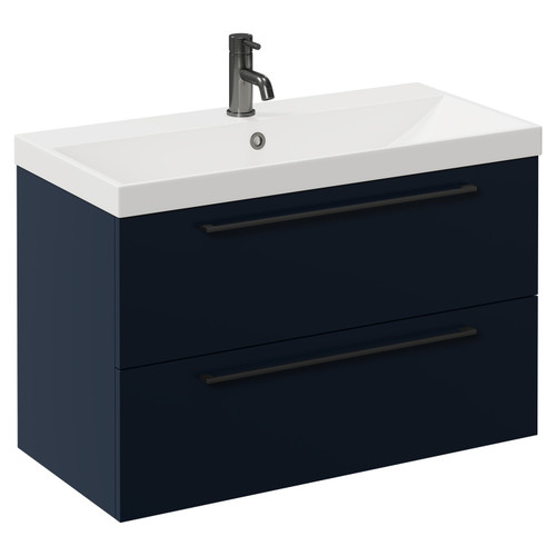 Napoli Deep Blue 800mm Wall Mounted Vanity Unit with 1 Tap Hole Slim Edge Basin and 2 Drawers with Gunmetal Grey Handles Left Hand View