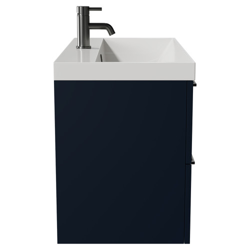 Napoli Deep Blue 800mm Wall Mounted Vanity Unit with 1 Tap Hole Slim Edge Basin and 2 Drawers with Gunmetal Grey Handles Side View